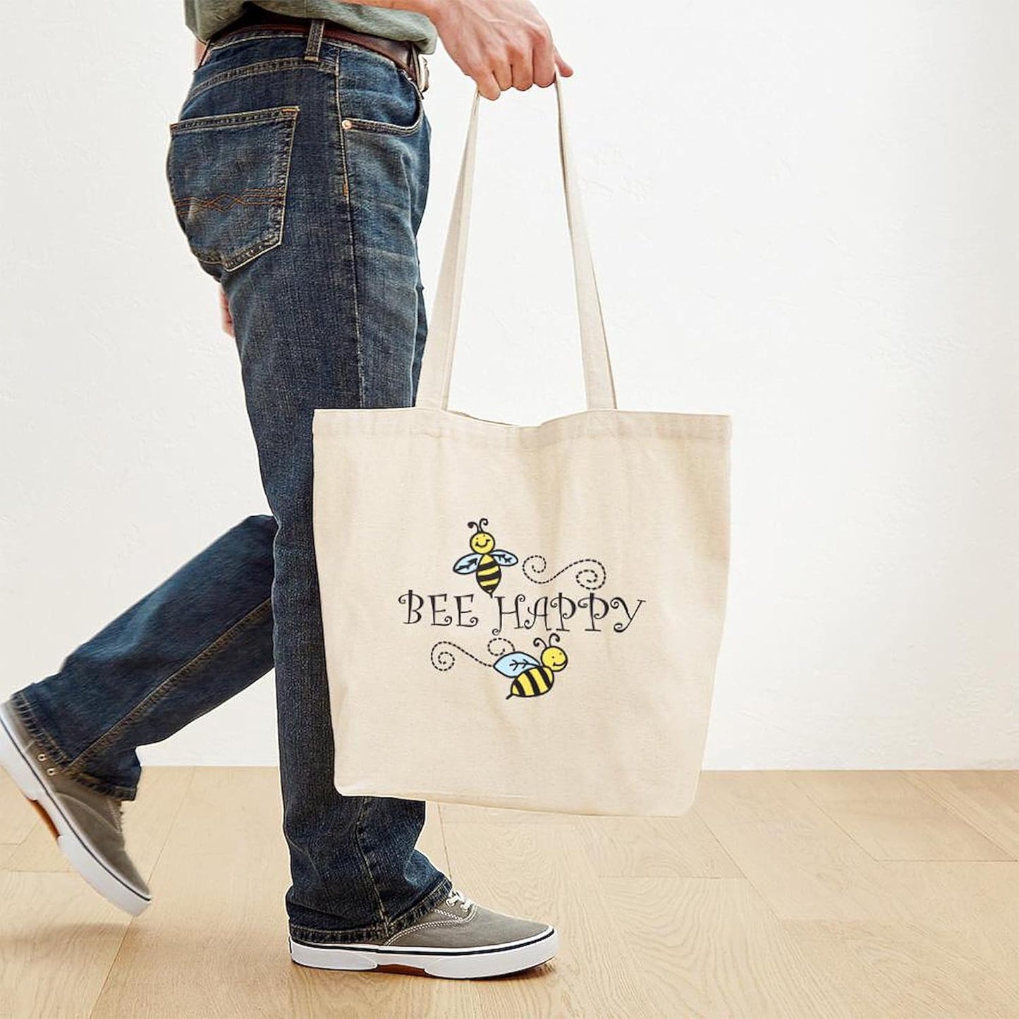 Bee Happy Tote Bag Natural Canvas Tote Bag, Reusable Shopping Bag