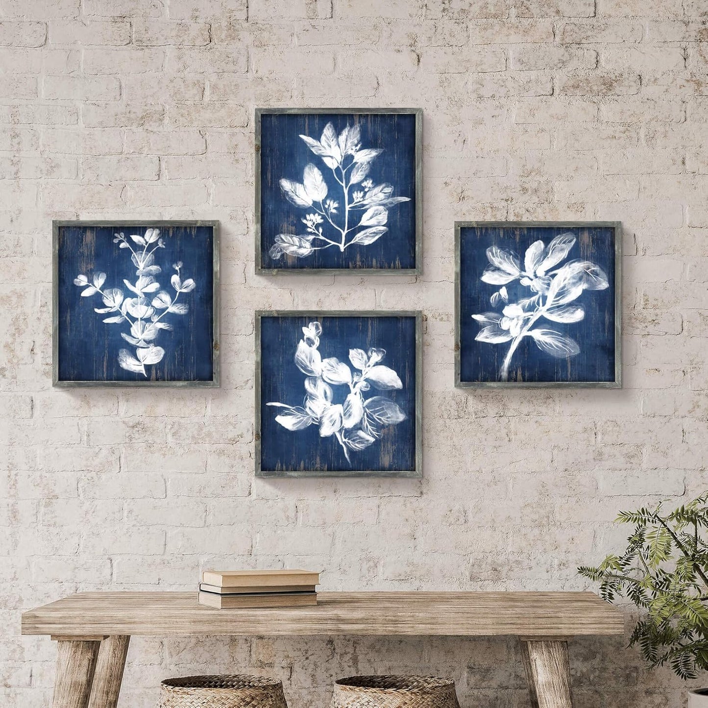 White Botanical Wooden Wall Art: Artistic Plant Leaves Picture Dark Blue Background with Handcrafts Rustic Wood Framed Painting (12 X 12 X 4 Pcs)