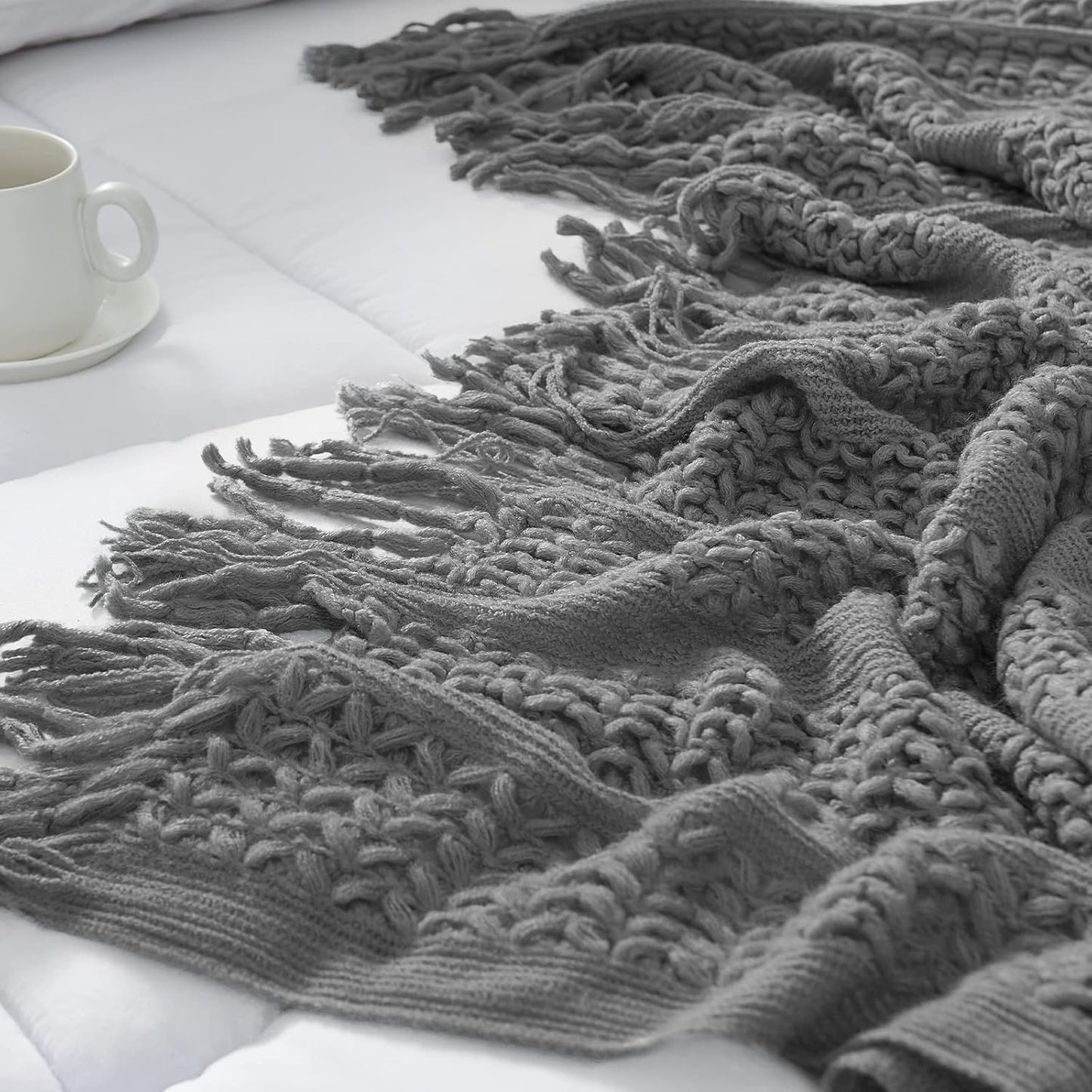 Chunky Cable Knit Throw Blanket for Couch 50"X60" Lightweight Soft Cozy Throw Blanket with Tassels Grey Decorative Throws for Modern Farmhouse Living Room Bedroom Accent Throw for Gifts