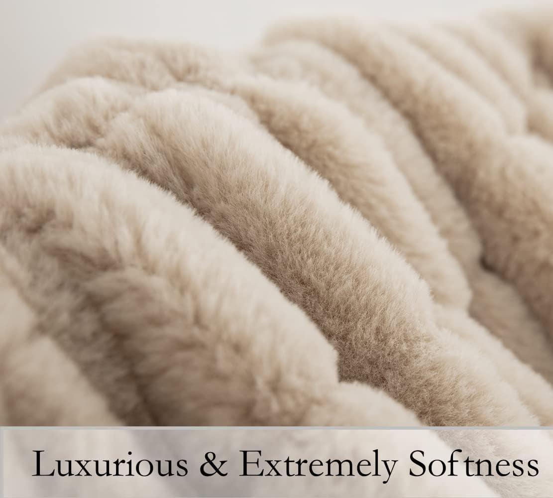 Faux Fur Throw Ultra Soft Double Sided, Fluffy Blanket for Winter Sofa Couch, Cuddly & Warm (50"X 60", Beige)