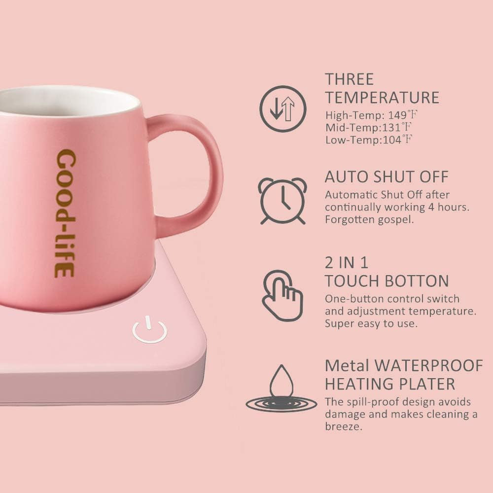 Coffee Mug Warmer with 4 Hours Auto Shut-Off, Coffee Warmer Plate for Office Home Desk Use with 3 Temperature Settings, Electric Cup Warmer for Cocoa,Tea, Milk, Water, for Gifts, Pink (No Cup)