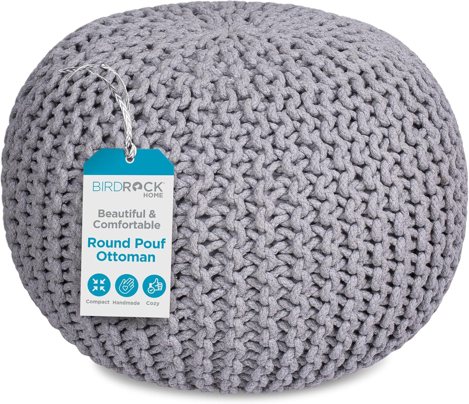 round Pouf Ottoman | Cotton Braided Foot Stool with Bean Bag Filling | Boho Foot Rest for Living Room & Bedroom | Compact & Comfortable Seating, Lightweight & Soft | Light Grey