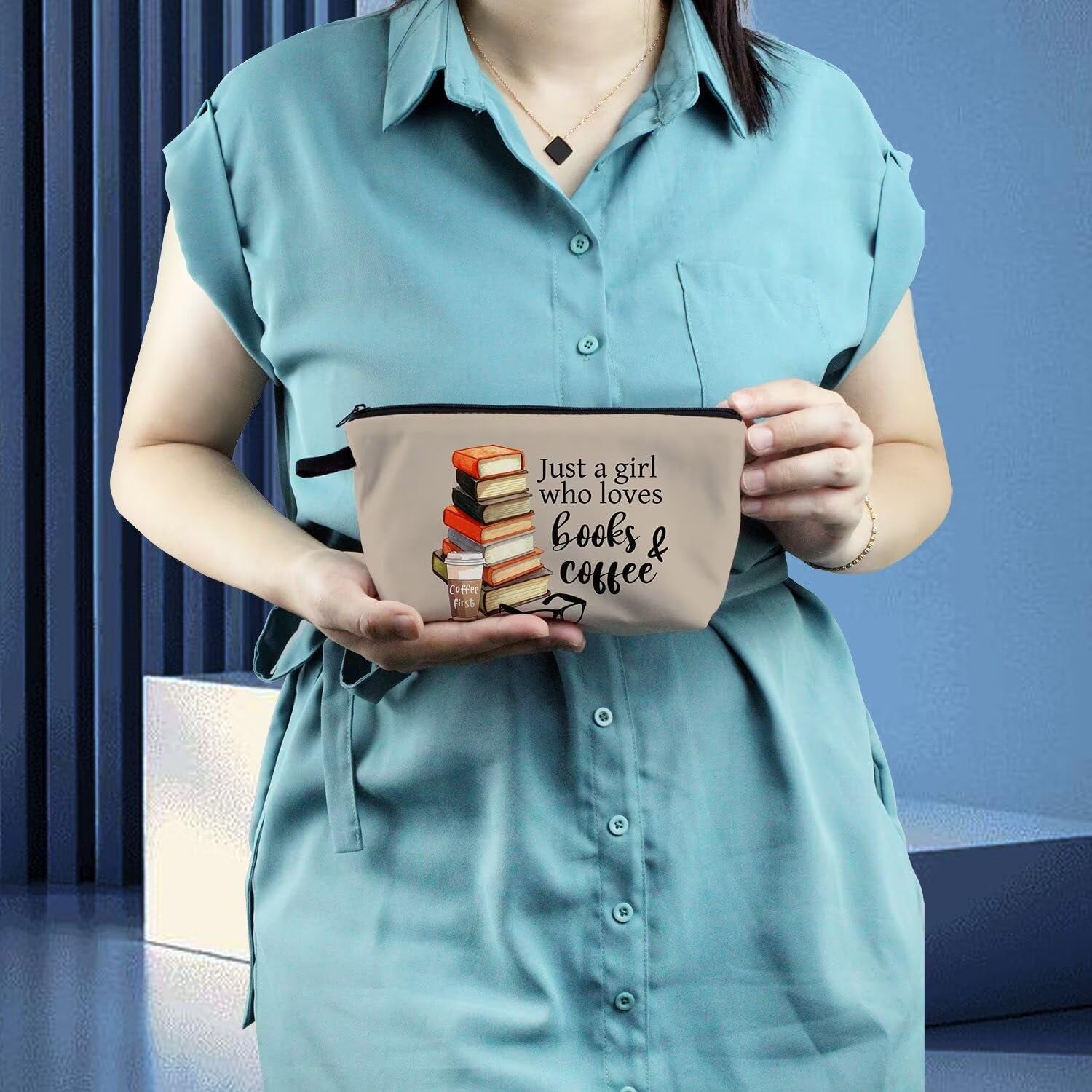 Just Love Books and Coffee Makeup Bag Small Organizer Zipper Pouch Simple Books Coffee Cosmetic Bag Present for Coffee Lovers Bookworms Women