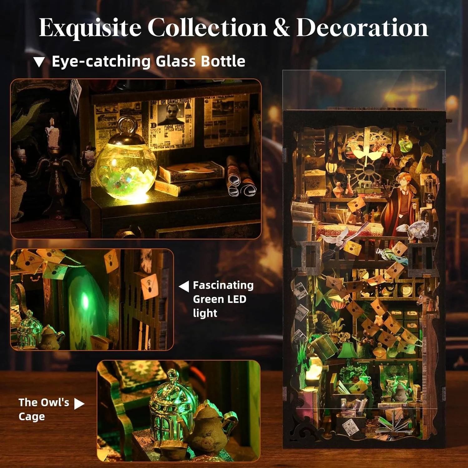 Book Nook Kit, DIY 3D Wooden Puzzle Booknook Bookend Miniature Dollhouse, Book Nook Kits for Adults, Bookshelf Insert Alley Home Decor with LED Light (The House of Magic)
