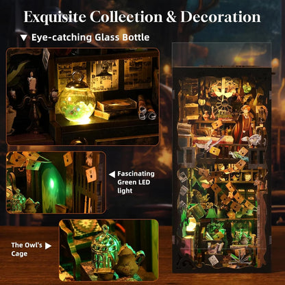 Book Nook Kit, DIY 3D Wooden Puzzle Booknook Bookend Miniature Dollhouse, Book Nook Kits for Adults, Bookshelf Insert Alley Home Decor with LED Light (The House of Magic)