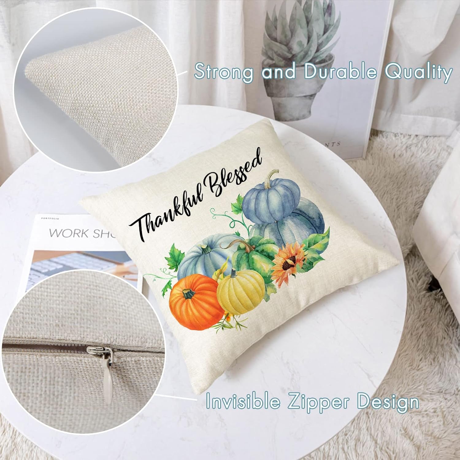 Fall Pillow Covers 20X20 Set of 4 Thanksgiving Autumn Decorative Pillow Covers Blue Fall Pumpkin Gnome Truck Cushion Covers Pillow Cases for Home Outdoor Couch Sofa Decorations (20 Inch)