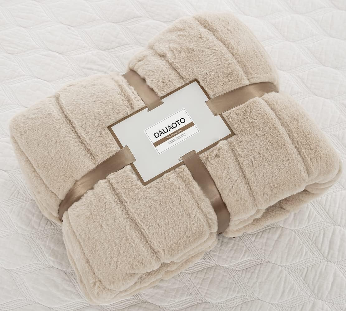 Faux Fur Throw Ultra Soft Double Sided, Fluffy Blanket for Winter Sofa Couch, Cuddly & Warm (50"X 60", Beige)
