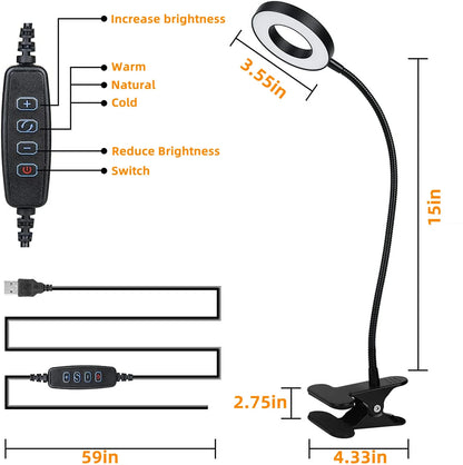 Clip on Light Reading Lights , 48 LED USB Desk Lamp with 3 Color Modes 10 Brightness, Flexible USB Clamp Bedside Lamp, Eye Caring Book Light for Studying/Working/Gaming (Black)