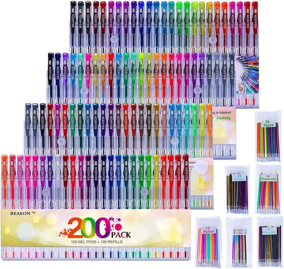 Gel Pens, Reaeon 200 Pack Pen with Case for Adult Coloring Books