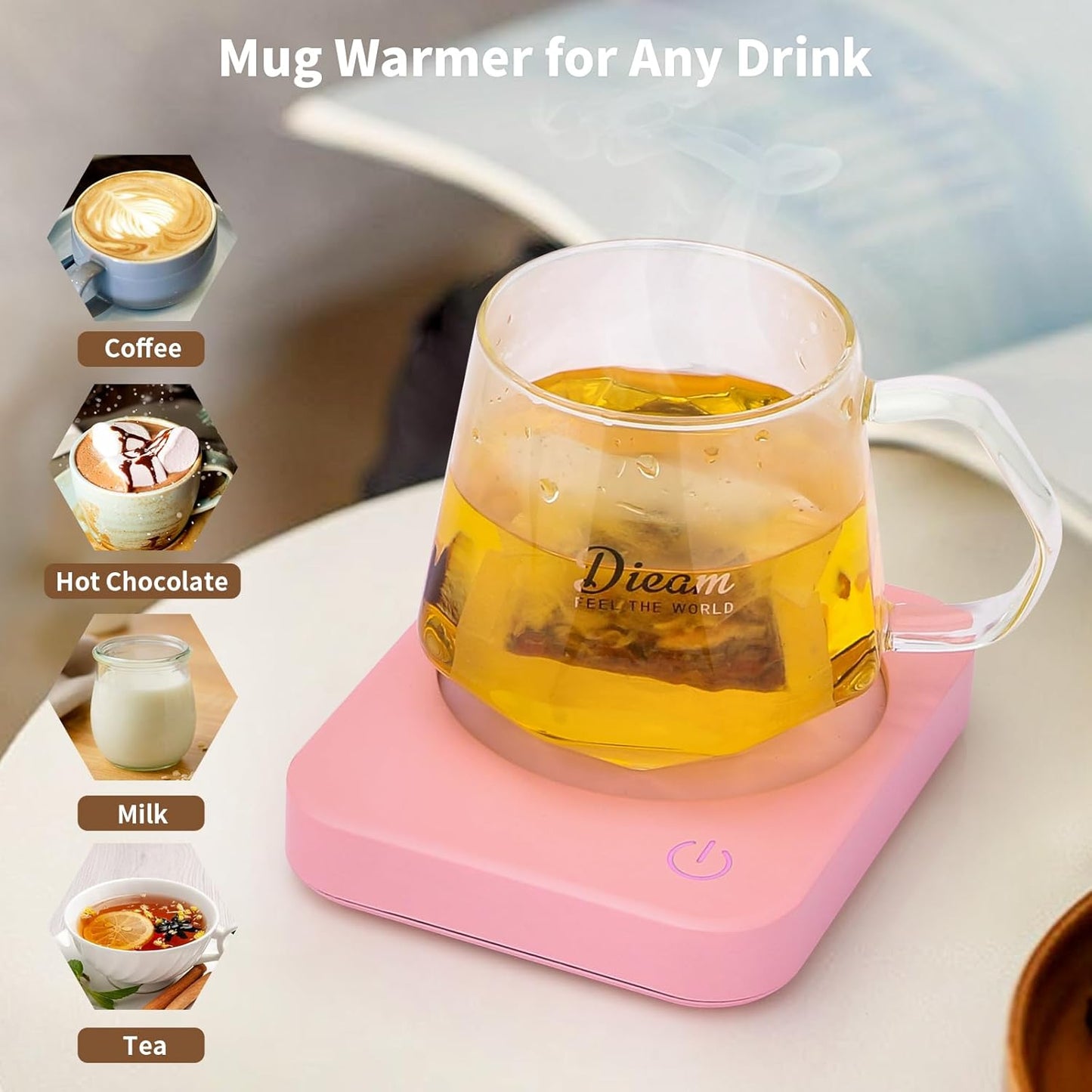 Coffee Mug Warmer with 4 Hours Auto Shut-Off, Coffee Warmer Plate for Office Home Desk Use with 3 Temperature Settings, Electric Cup Warmer for Cocoa,Tea, Milk, Water, for Gifts, Pink (No Cup)