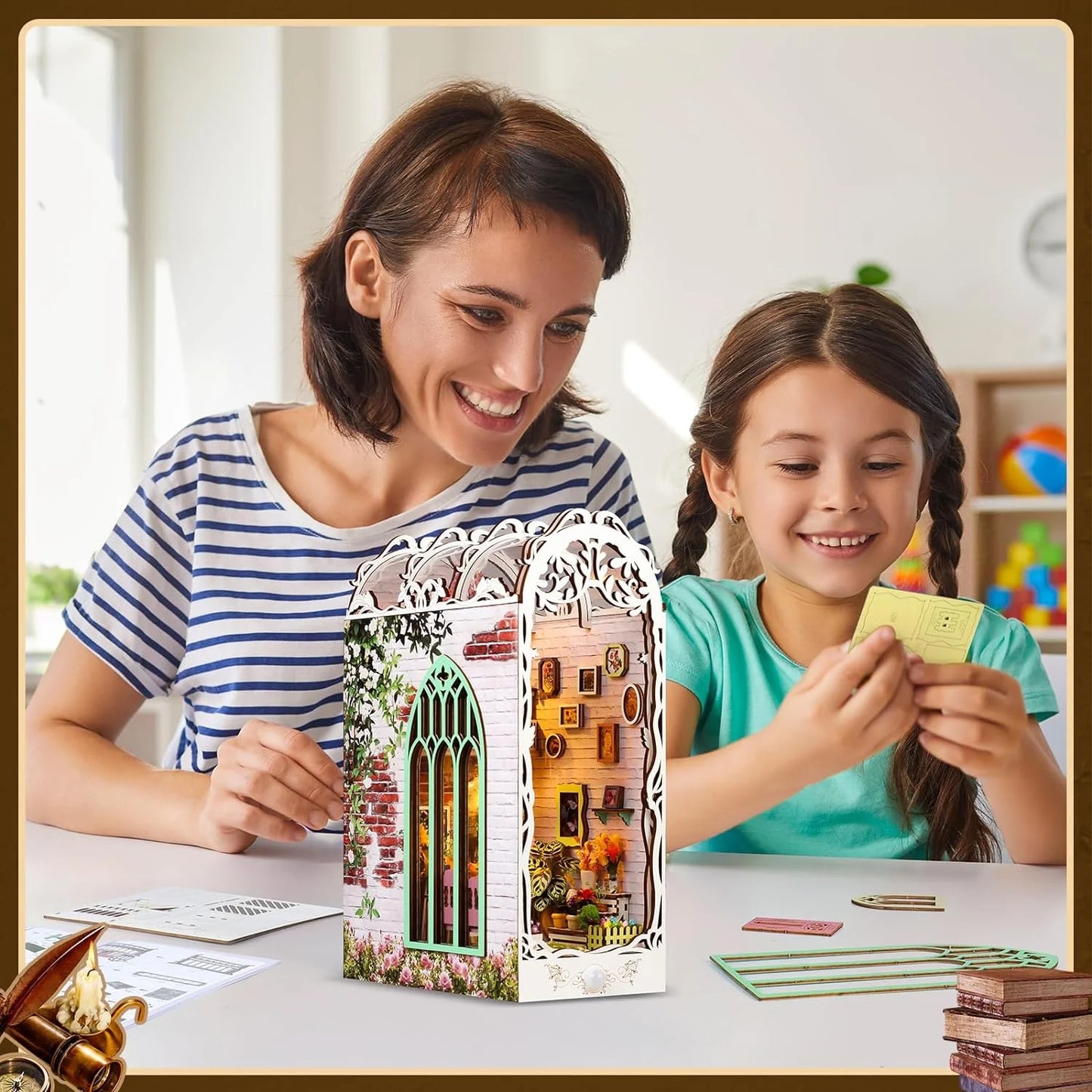 DIY Book Nook Kit - Bookend Diorama with LED - 3D Wooden Puzzle DIY Miniature House Kits - Bookshelf Insert Decor - Booknook Dollhouse Crafts Hobbies Gifts for Adults (Garden House)
