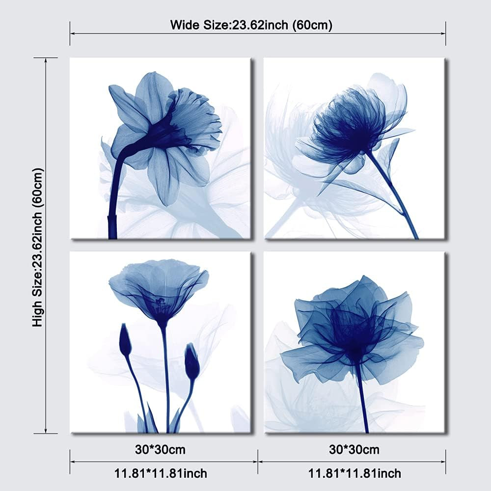 Blue Flickering Flower Modern Abstract Paintings Canvas Wall Art Gallery Wrapped Grace Floral Pictures on Canvas Prints 4 Panels Artwork for Living Room Bedroom Office Home Decorations