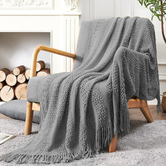 Chunky Cable Knit Throw Blanket for Couch 50"X60" Lightweight Soft Cozy Throw Blanket with Tassels Grey Decorative Throws for Modern Farmhouse Living Room Bedroom Accent Throw for Gifts