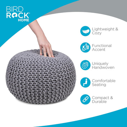 round Pouf Ottoman | Cotton Braided Foot Stool with Bean Bag Filling | Boho Foot Rest for Living Room & Bedroom | Compact & Comfortable Seating, Lightweight & Soft | Light Grey