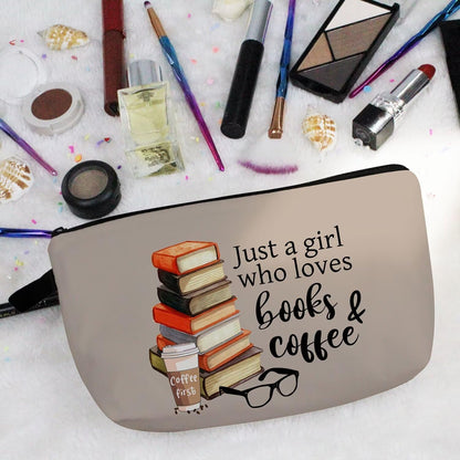 Just Love Books and Coffee Makeup Bag Small Organizer Zipper Pouch Simple Books Coffee Cosmetic Bag Present for Coffee Lovers Bookworms Women