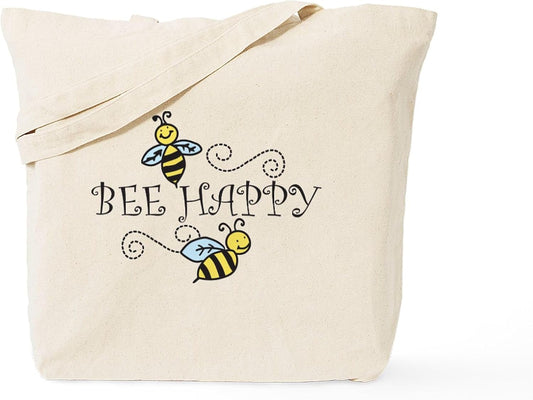 Bee Happy Tote Bag Natural Canvas Tote Bag, Reusable Shopping Bag