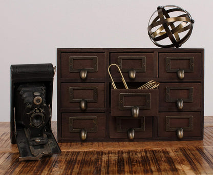 Apothecary Wood Desk Drawer Set, 9 Drawers, Rustic Brown