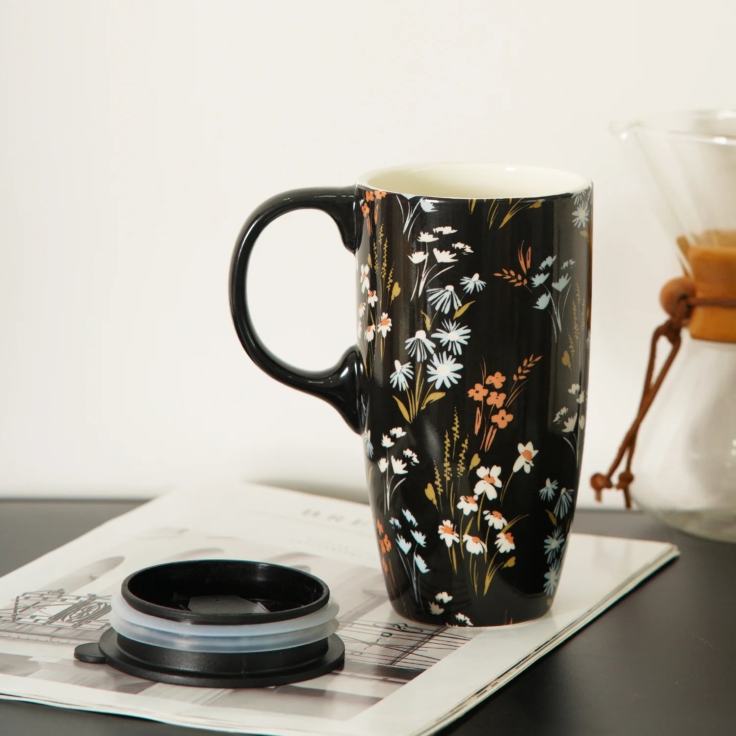 Tall Ceramic Mugs 17 Oz. Coffee Cups Sealed Lid Mug with Color Box, Flowers