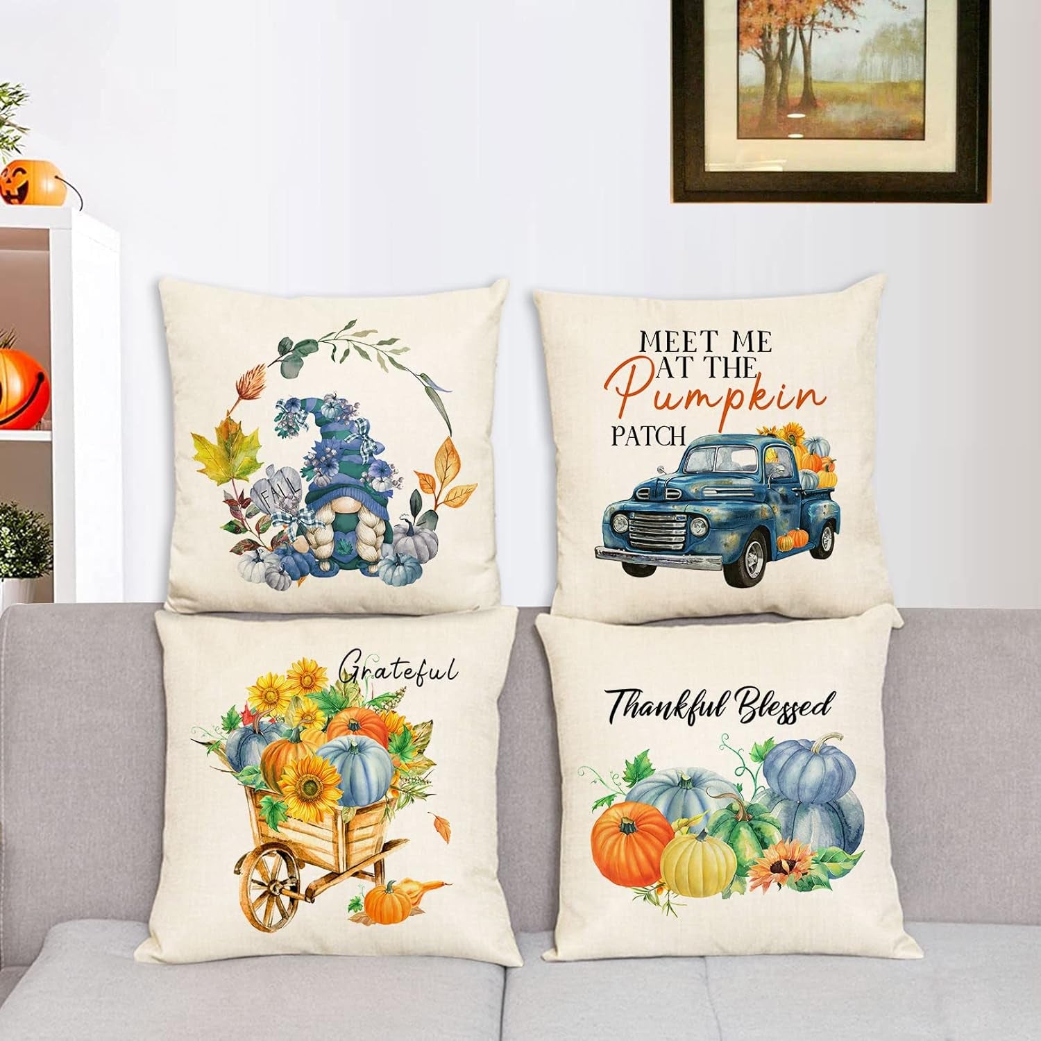 Fall Pillow Covers 20X20 Set of 4 Thanksgiving Autumn Decorative Pillow Covers Blue Fall Pumpkin Gnome Truck Cushion Covers Pillow Cases for Home Outdoor Couch Sofa Decorations (20 Inch)