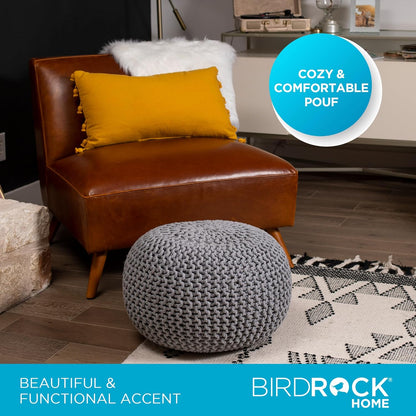 round Pouf Ottoman | Cotton Braided Foot Stool with Bean Bag Filling | Boho Foot Rest for Living Room & Bedroom | Compact & Comfortable Seating, Lightweight & Soft | Light Grey