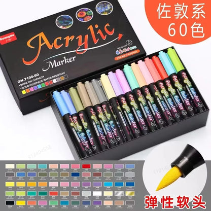 12-60 Colors Acrylic Brush Marker Pens for Fabric Canvas Stone Metal Ceramics DIY Painting Pen