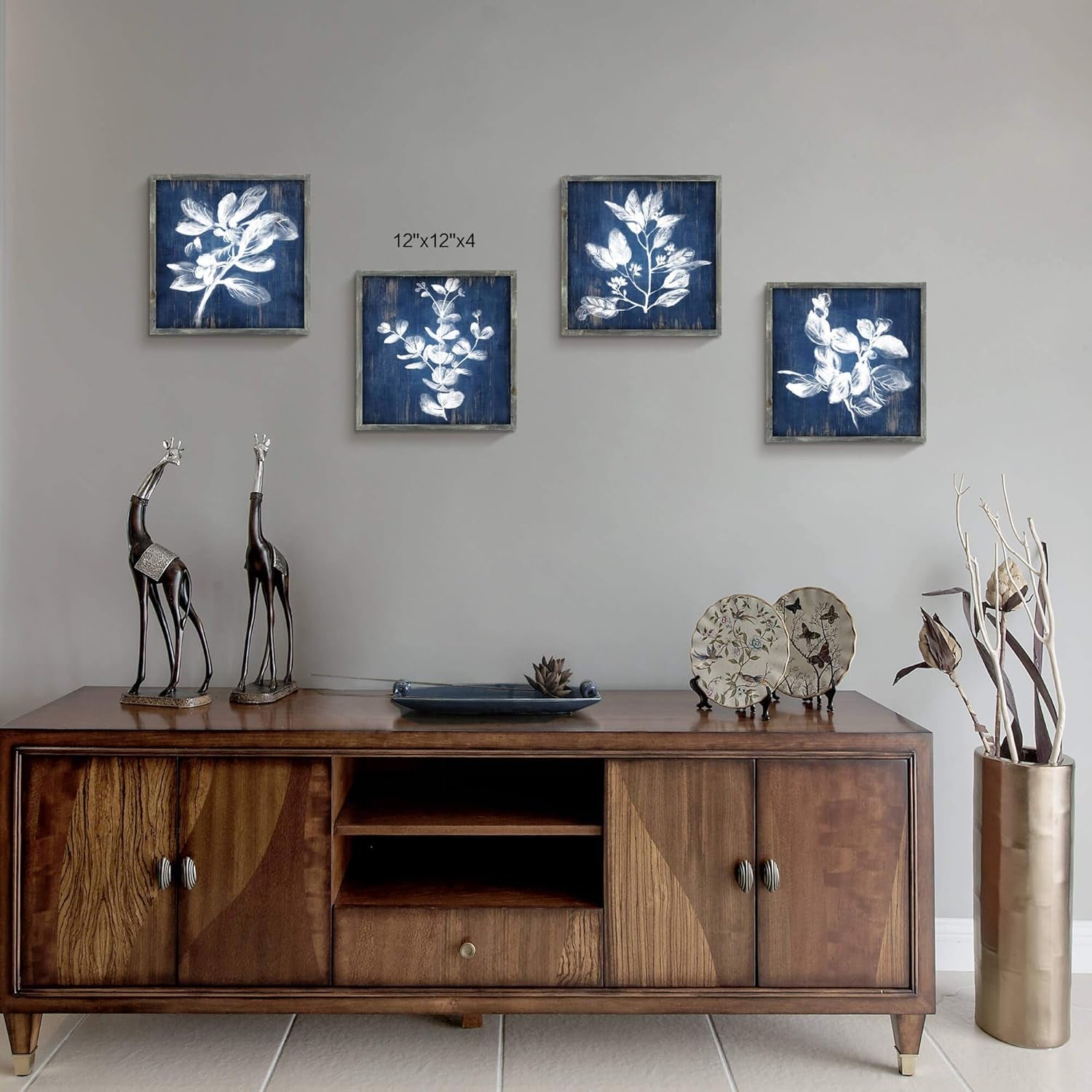 White Botanical Wooden Wall Art: Artistic Plant Leaves Picture Dark Blue Background with Handcrafts Rustic Wood Framed Painting (12 X 12 X 4 Pcs)