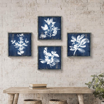 White Botanical Wooden Wall Art: Artistic Plant Leaves Picture Dark Blue Background with Handcrafts Rustic Wood Framed Painting (12 X 12 X 4 Pcs)