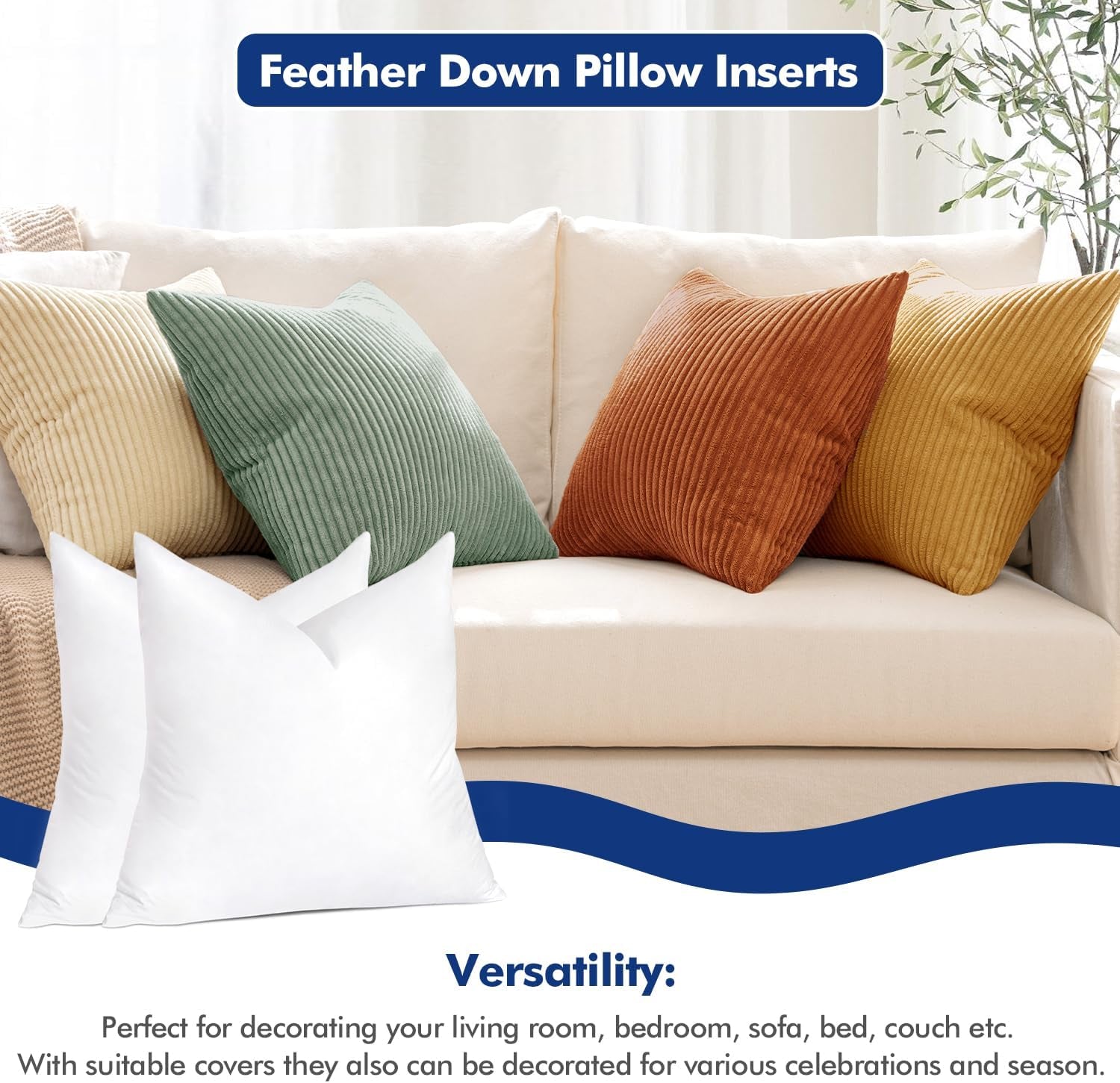 22X22 Pillow Inserts,Set of 2 down Feather Throw Pillows for Couch Sofa Bed, Dec