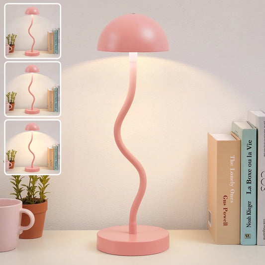 Cordless Table Lamp,Led Rechargeable Mushroom Lamp,Modern Dimmable Touch Gooseneck Desk Lamp Battery Operated Lights for Dorm Office Reading,Pink