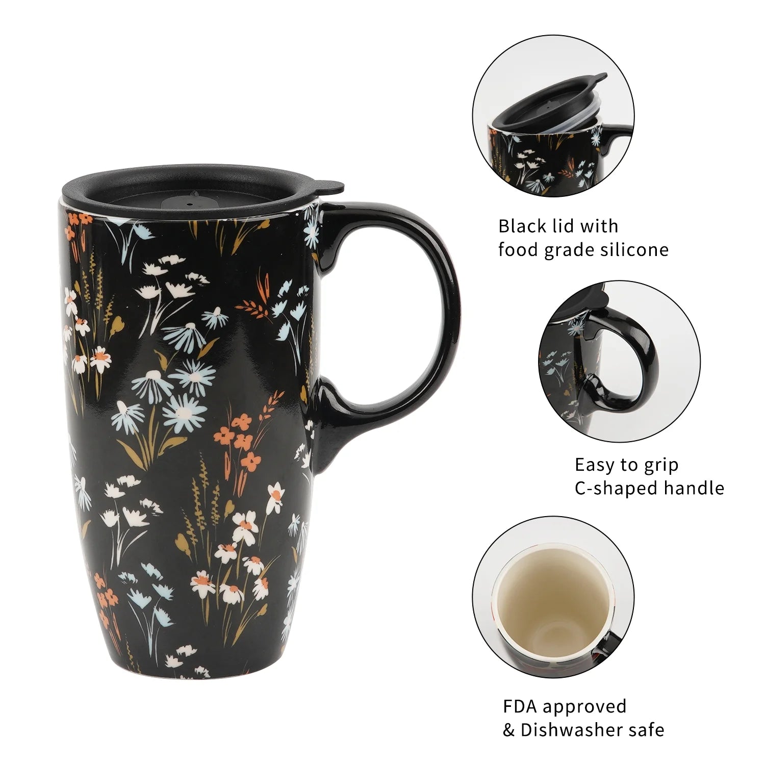 Tall Ceramic Mugs 17 Oz. Coffee Cups Sealed Lid Mug with Color Box, Flowers