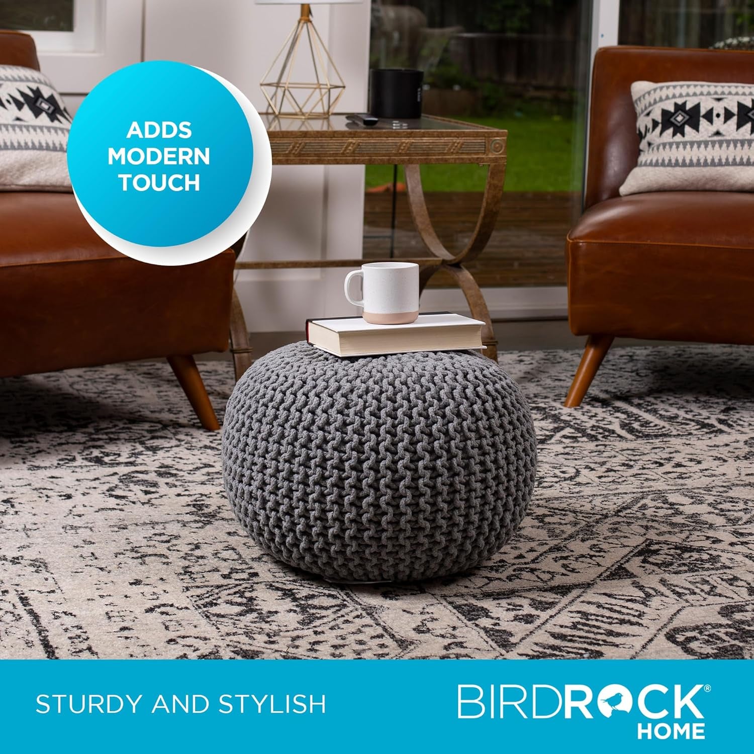 round Pouf Ottoman | Cotton Braided Foot Stool with Bean Bag Filling | Boho Foot Rest for Living Room & Bedroom | Compact & Comfortable Seating, Lightweight & Soft | Light Grey