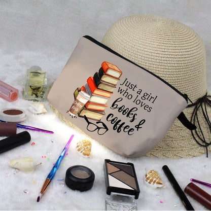 Just Love Books and Coffee Makeup Bag Small Organizer Zipper Pouch Simple Books Coffee Cosmetic Bag Present for Coffee Lovers Bookworms Women