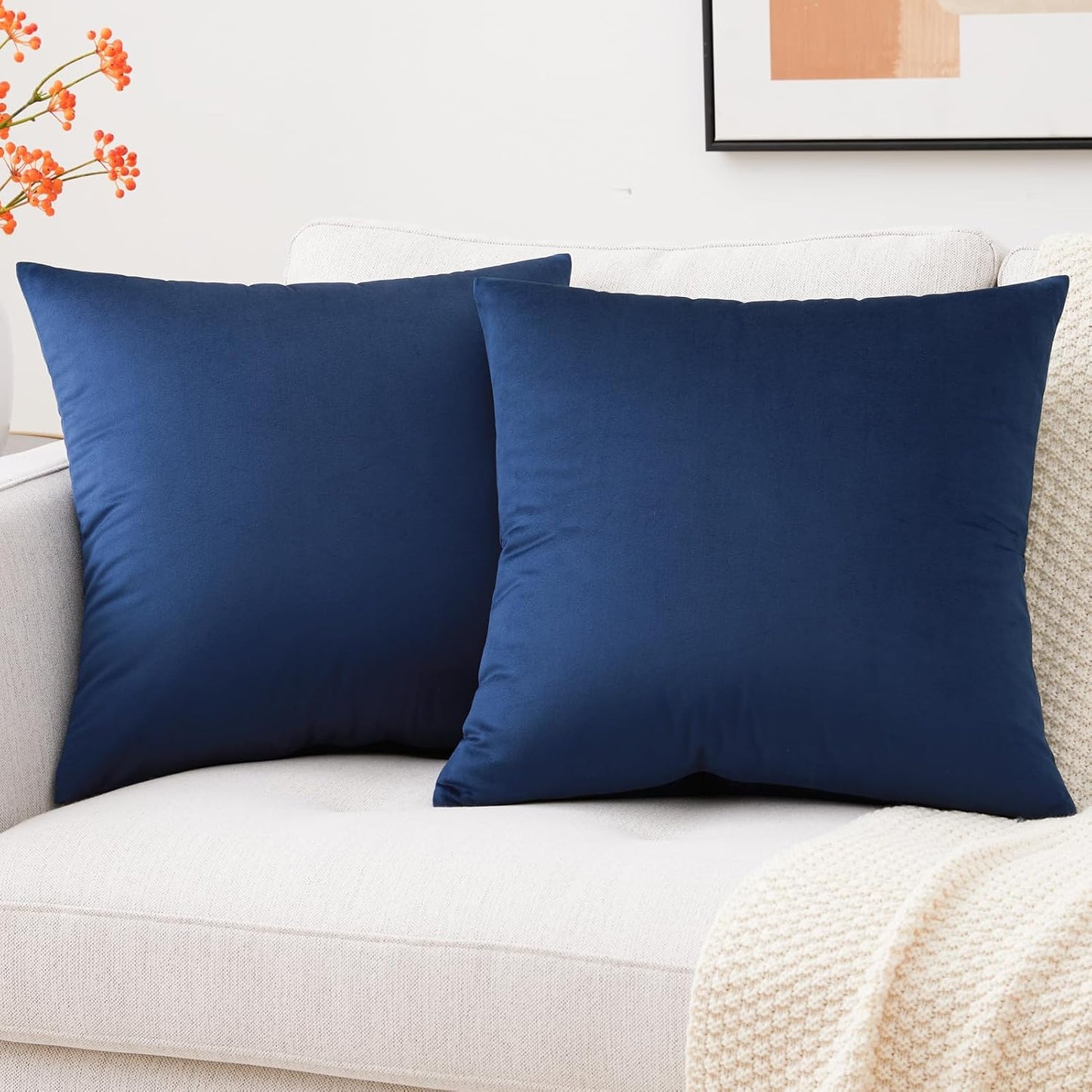 Set of 2 Cozy Velvet Square Decorative Throw Pillow Covers for Couch and Bed, Navy Blue, 18 X 18 Inches