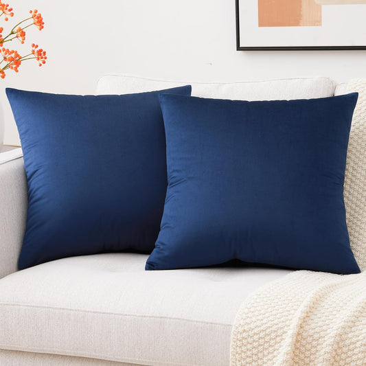Set of 2 Cozy Velvet Square Decorative Throw Pillow Covers for Couch and Bed, Navy Blue, 18 X 18 Inches