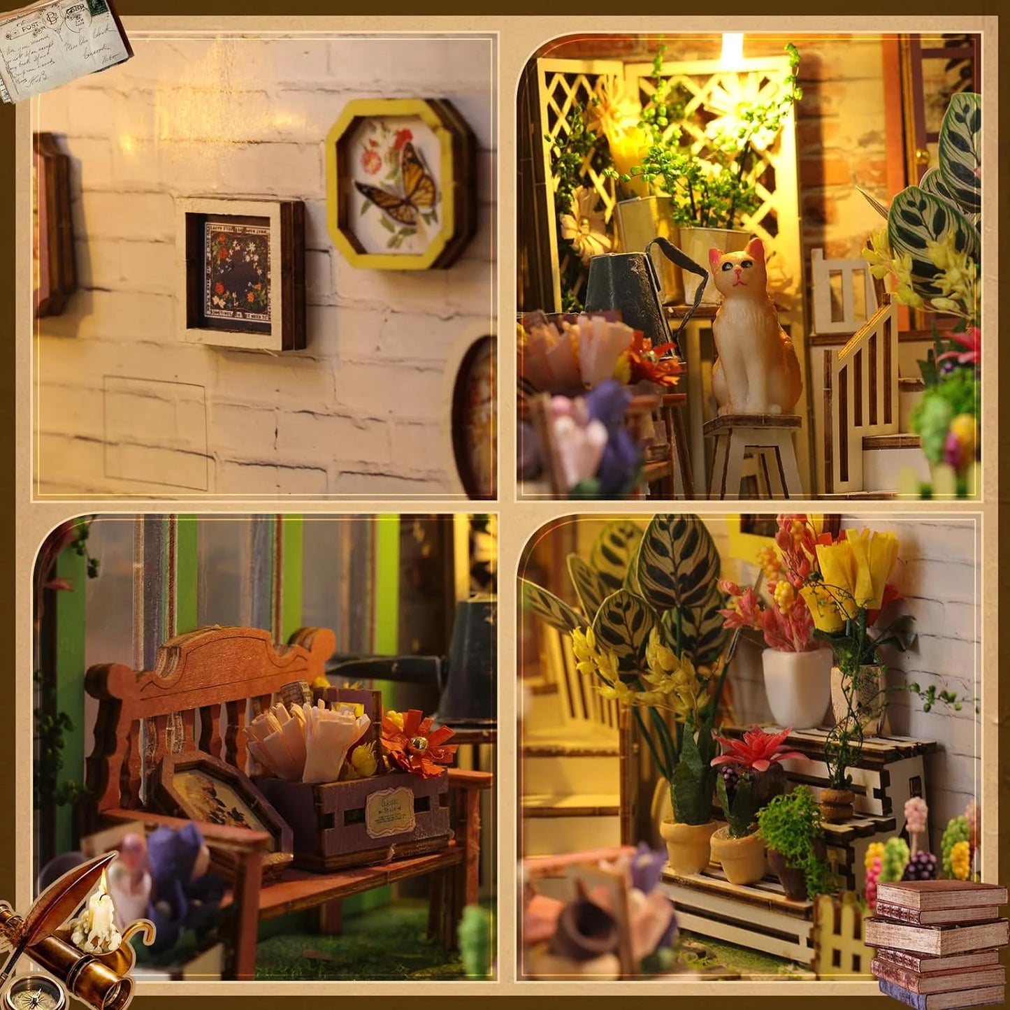 DIY Book Nook Kit - Bookend Diorama with LED - 3D Wooden Puzzle DIY Miniature House Kits - Bookshelf Insert Decor - Booknook Dollhouse Crafts Hobbies Gifts for Adults (Garden House)