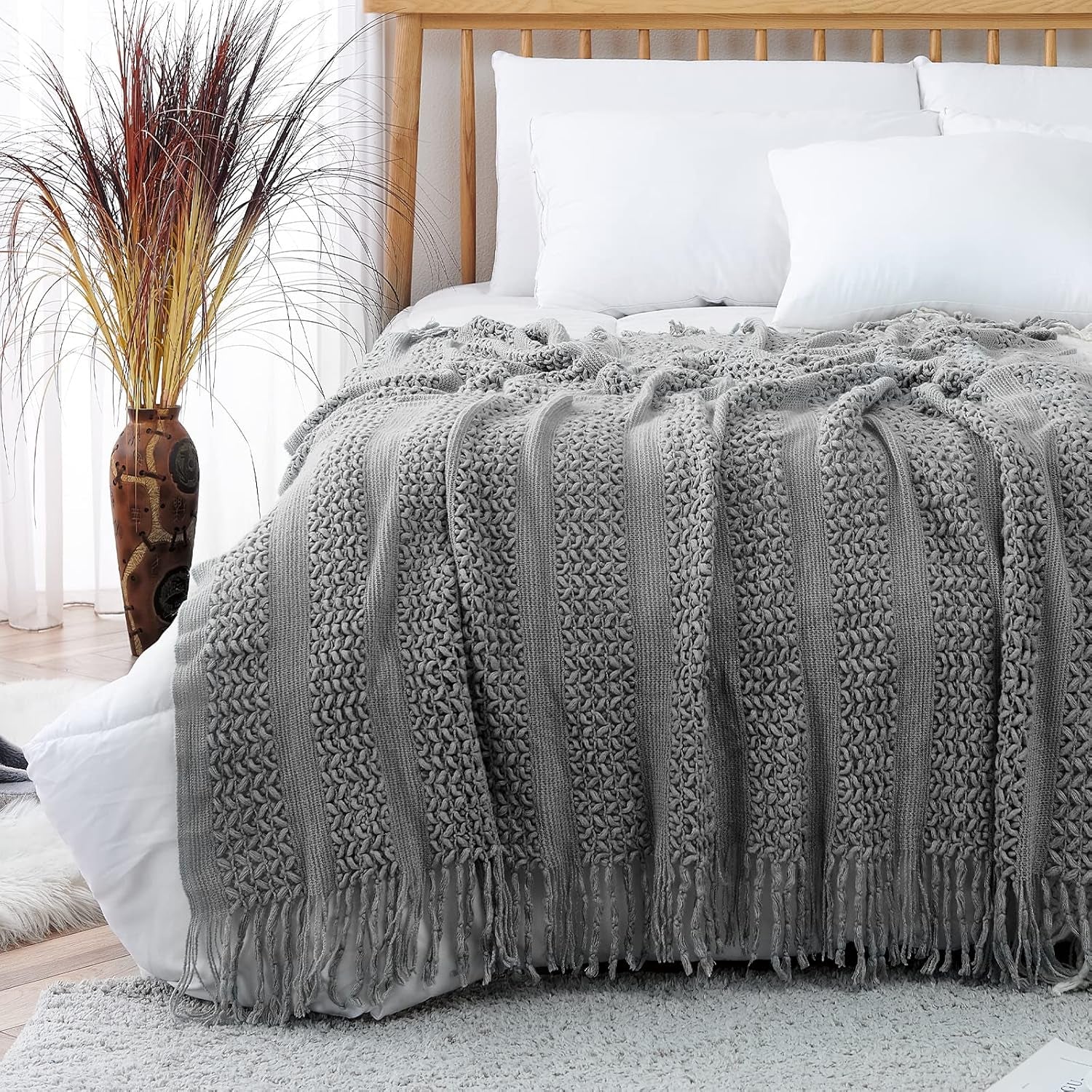 Chunky Cable Knit Throw Blanket for Couch 50"X60" Lightweight Soft Cozy Throw Blanket with Tassels Grey Decorative Throws for Modern Farmhouse Living Room Bedroom Accent Throw for Gifts