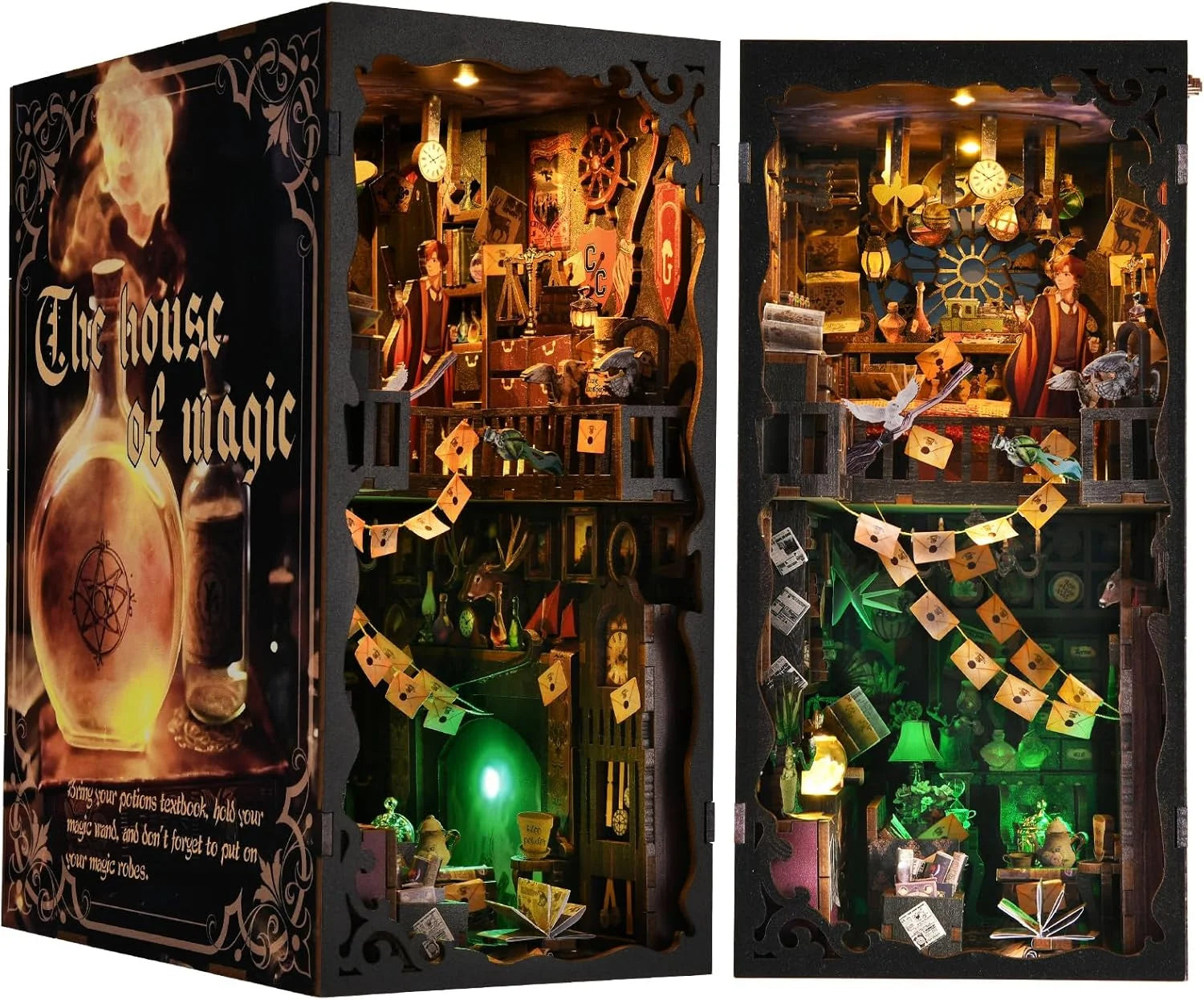 Book Nook Kit, DIY 3D Wooden Puzzle Booknook Bookend Miniature Dollhouse, Book Nook Kits for Adults, Bookshelf Insert Alley Home Decor with LED Light (The House of Magic)