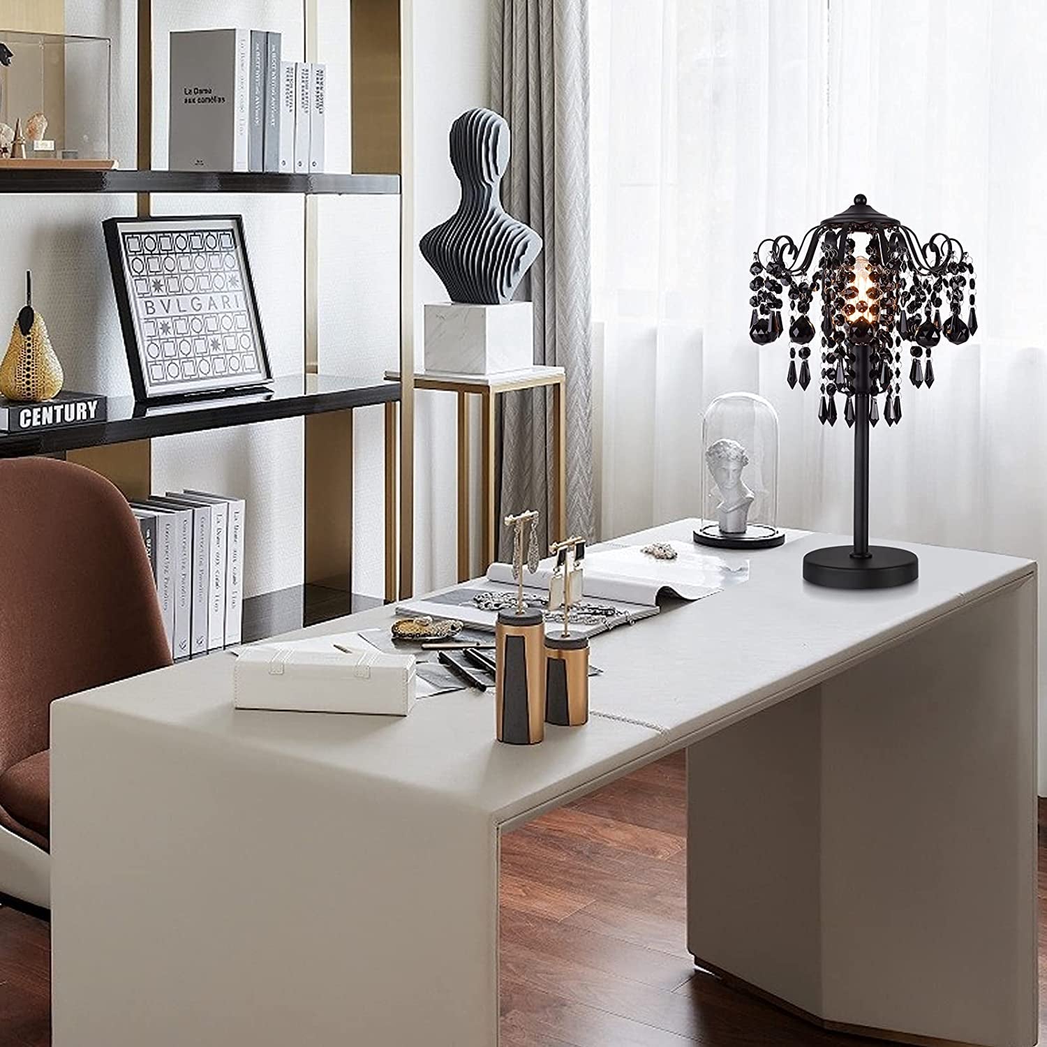 Small Black Crystal Bedside Table Lamp End Table Lamp Nightstand Lamp Desk Lamps for Bedroom Living Room H20.4'' W12 1-Light E26