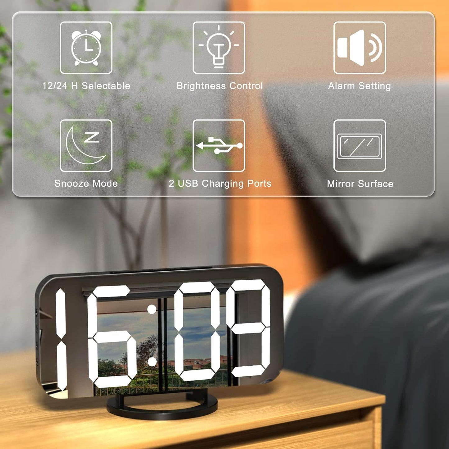 Digital Alarm Clock, Large LED Display, with USB Charger, Snooze Function Dim Mode Wall Hanging beside Desk Clock for Bedroom Black Room Decor
