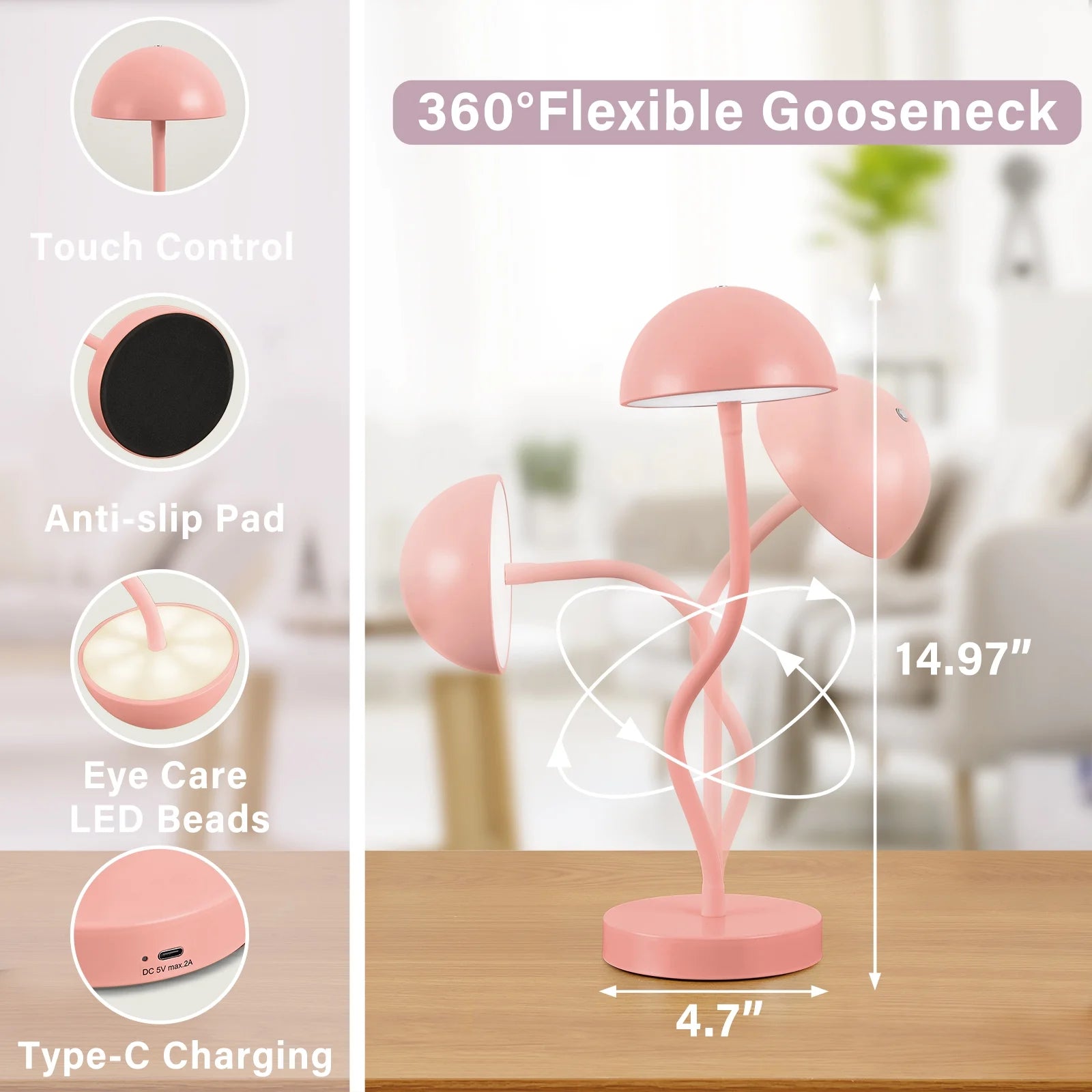 Cordless Table Lamp,Led Rechargeable Mushroom Lamp,Modern Dimmable Touch Gooseneck Desk Lamp Battery Operated Lights for Dorm Office Reading,Pink