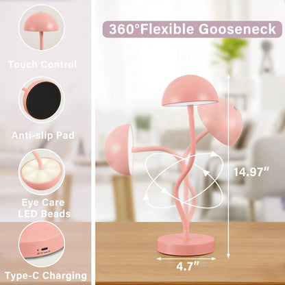 Cordless Table Lamp,Led Rechargeable Mushroom Lamp,Modern Dimmable Touch Gooseneck Desk Lamp Battery Operated Lights for Dorm Office Reading,Pink