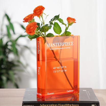 Acrylic Book Vase, Book Vase for Flowers, Chic Clock & Central Park Coordinates, Book Shaped Vase Flower Vases Decorative Aesthetic Room Decor - Orange
