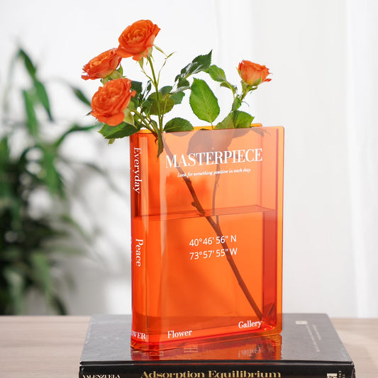 Acrylic Book Vase, Book Vase for Flowers, Chic Clock & Central Park Coordinates, Book Shaped Vase Flower Vases Decorative Aesthetic Room Decor - Orange
