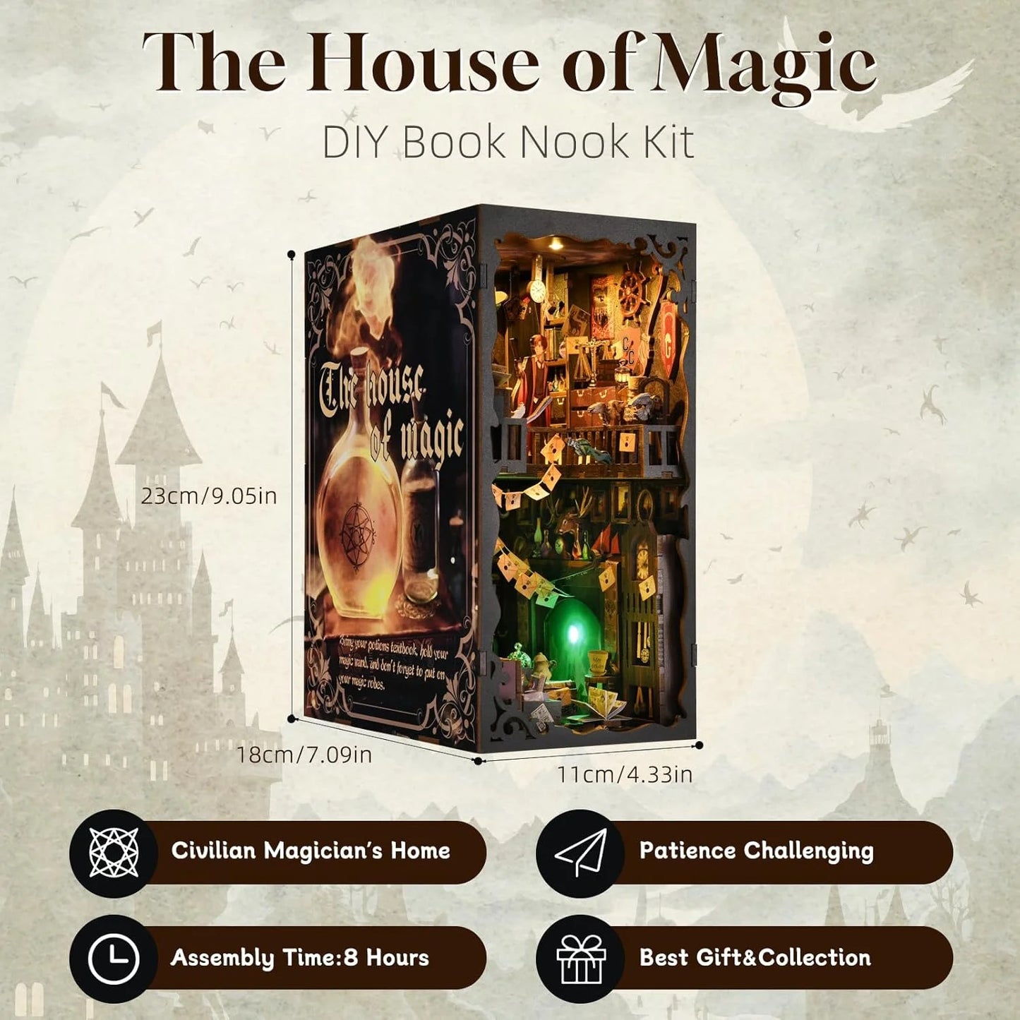 Book Nook Kit, DIY 3D Wooden Puzzle Booknook Bookend Miniature Dollhouse, Book Nook Kits for Adults, Bookshelf Insert Alley Home Decor with LED Light (The House of Magic)