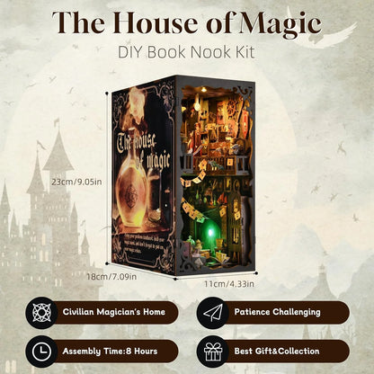 Book Nook Kit, DIY 3D Wooden Puzzle Booknook Bookend Miniature Dollhouse, Book Nook Kits for Adults, Bookshelf Insert Alley Home Decor with LED Light (The House of Magic)