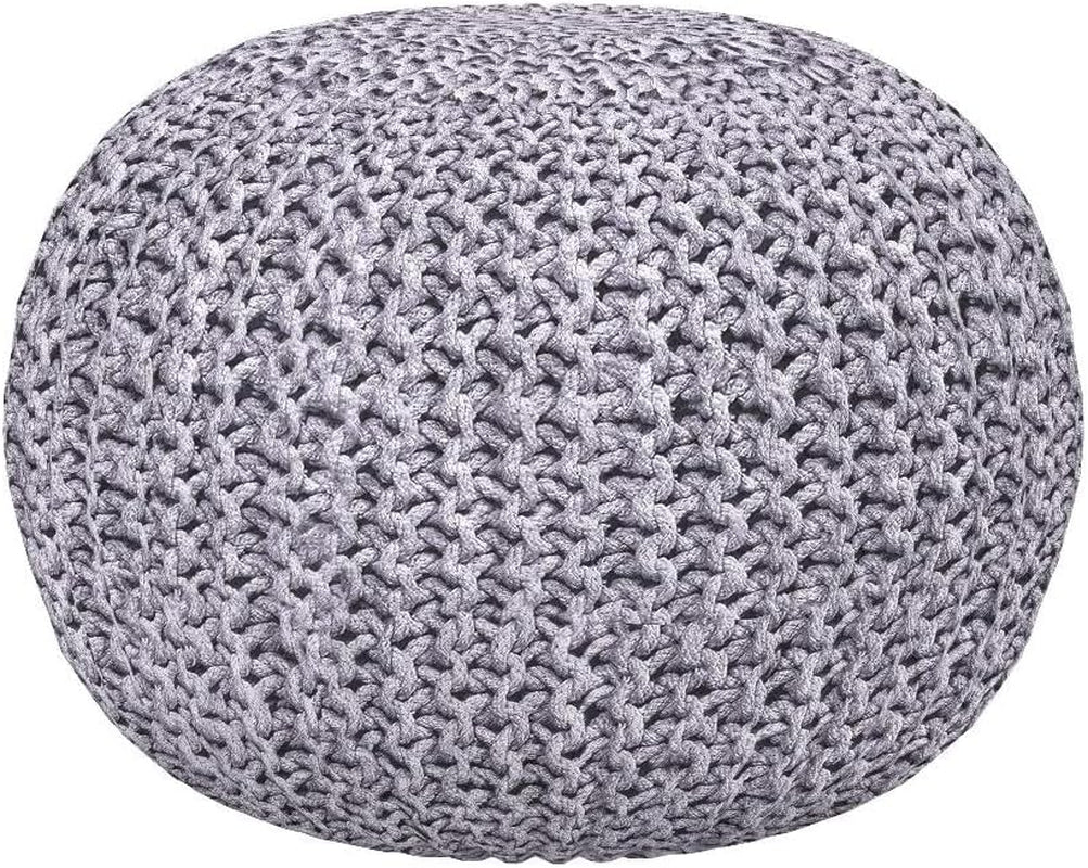 round Pouf Ottoman | Cotton Braided Foot Stool with Bean Bag Filling | Boho Foot Rest for Living Room & Bedroom | Compact & Comfortable Seating, Lightweight & Soft | Light Grey