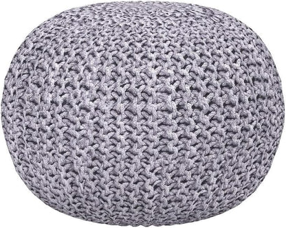 round Pouf Ottoman | Cotton Braided Foot Stool with Bean Bag Filling | Boho Foot Rest for Living Room & Bedroom | Compact & Comfortable Seating, Lightweight & Soft | Light Grey