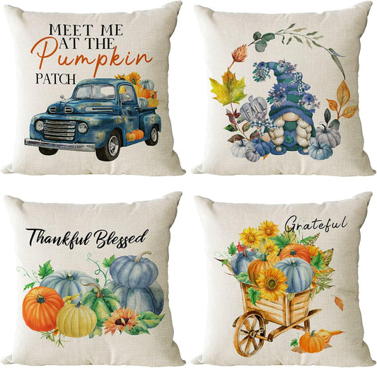 Fall Pillow Covers 20X20 Set of 4 Thanksgiving Autumn Decorative Pillow Covers Blue Fall Pumpkin Gnome Truck Cushion Covers Pillow Cases for Home Outdoor Couch Sofa Decorations (20 Inch)