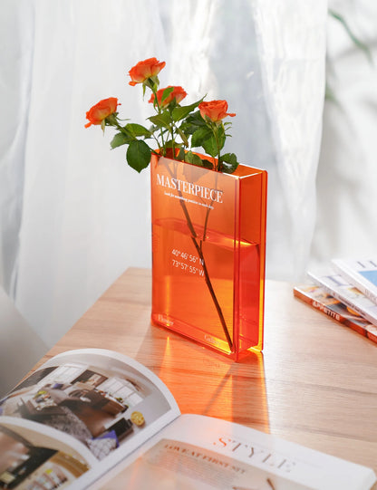 Acrylic Book Vase, Book Vase for Flowers, Chic Clock & Central Park Coordinates, Book Shaped Vase Flower Vases Decorative Aesthetic Room Decor - Orange