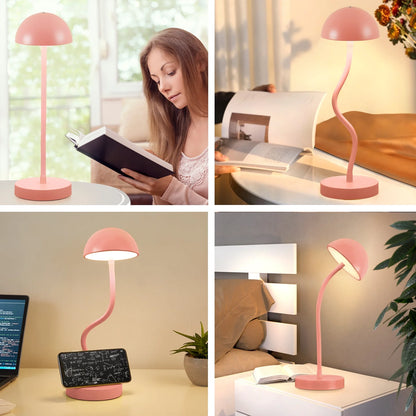 Cordless Table Lamp,Led Rechargeable Mushroom Lamp,Modern Dimmable Touch Gooseneck Desk Lamp Battery Operated Lights for Dorm Office Reading,Pink